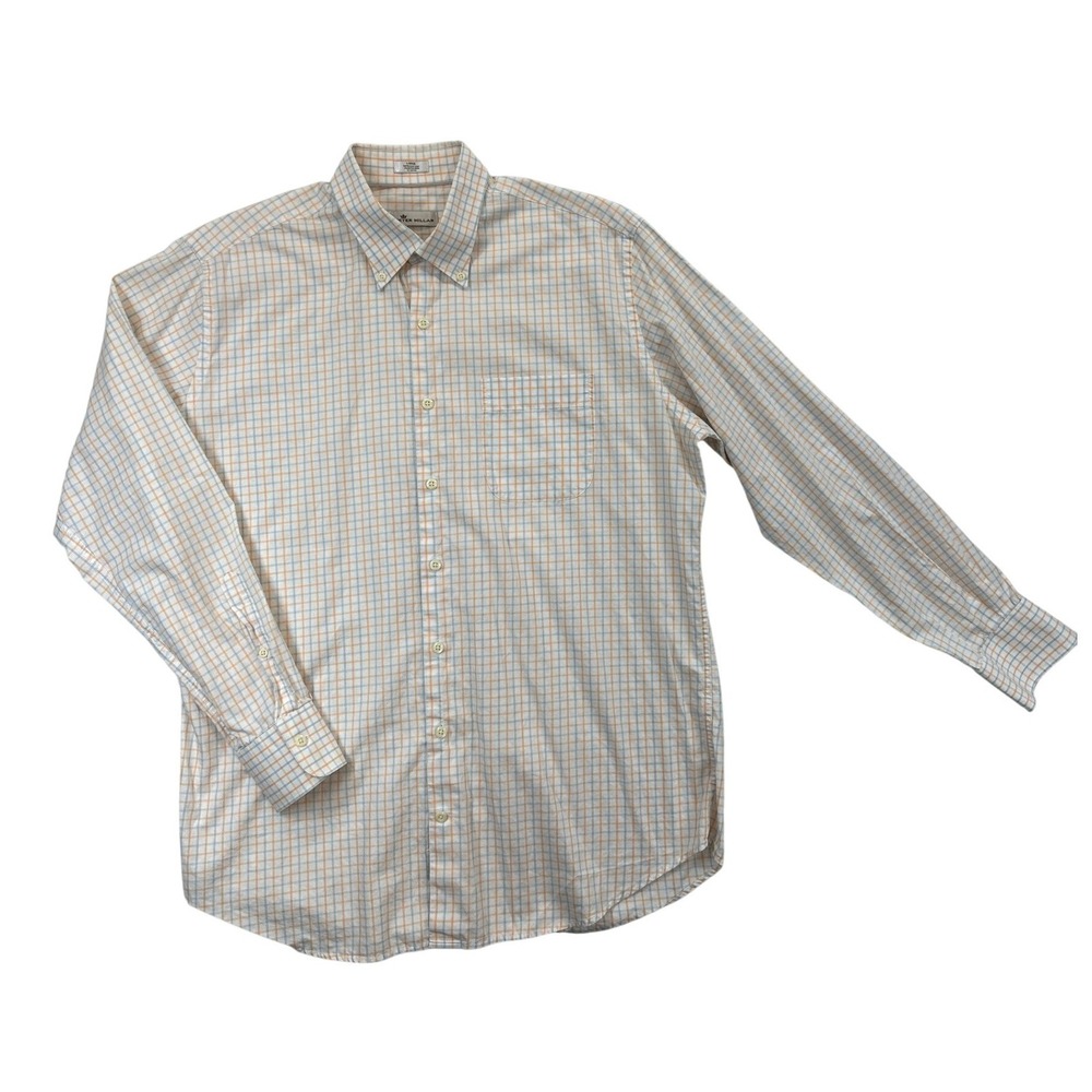 Peter Millar Shirt Mens Large Orange Blue Plaid Button Down Long Sleeve Cotton